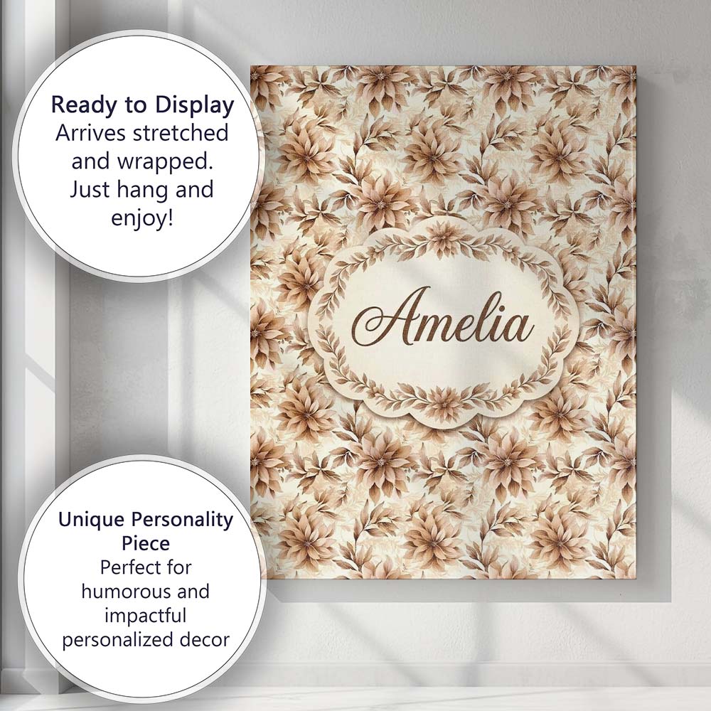 Personalised Name Soft Brown Floral Blossom Custom  Bespoke Interior Contemporary Canvas Wall Art Print Decor Picture Ready to Hang