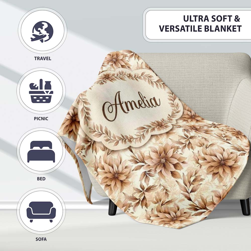 Soft Brown Floral Blossom Vintage Seamless Pattern Name Cute Unique  Personalised Custom Name Super Soft Fleece Blanket Bed Sofa Throw
