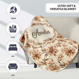 Soft Brown Floral Blossom Vintage Seamless Pattern Name Cute Unique  Personalised Custom Name Super Soft Fleece Blanket Bed Sofa Throw
