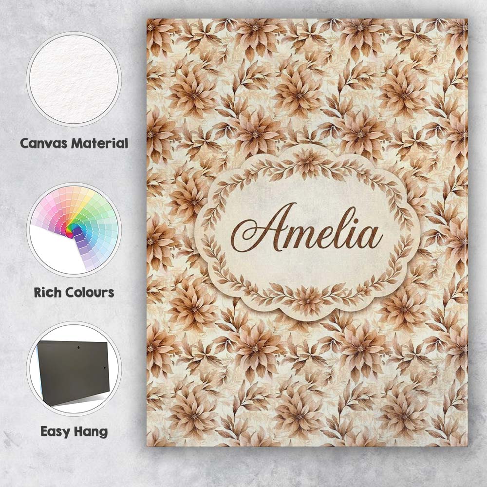 Personalised Name Soft Brown Floral Blossom Custom  Bespoke Interior Contemporary Canvas Wall Art Print Decor Picture Ready to Hang