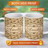 Personalized Custom Name Classic Sepia Daisy Floral Botanical Seamless Pattern Name Cute 11oz Ceramic Coffee Tea Mug White Large Handle