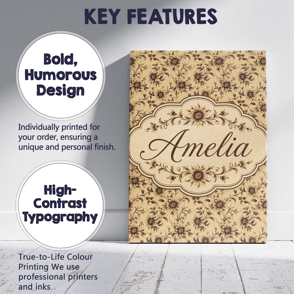 Personalised Name Classic Sepia Daisy Custom Modern Room Accent Creative Decorator Style Canvas Wall Art Print Decor Picture Ready to Hang