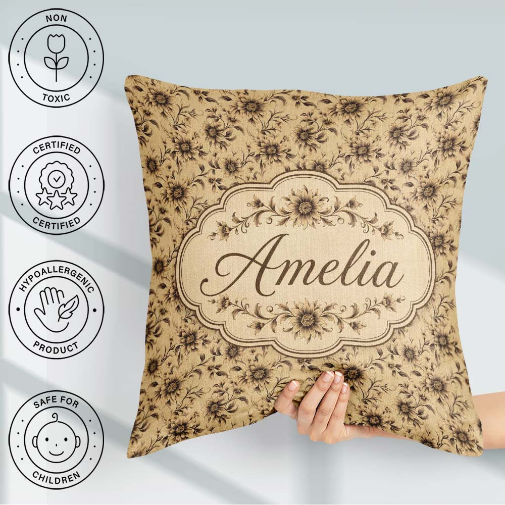Custom Name Classic Sepia Floral Botanical Seamless Pattern Name Square Filled Cushion Throw Pillow Sofa Bed Home Decor Zip Washable UK Made