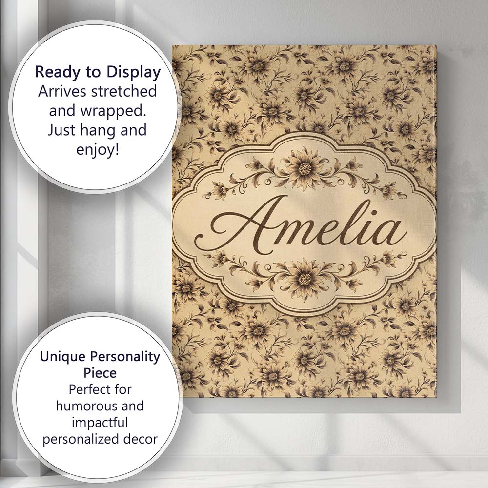 Personalised Name Classic Sepia Daisy Custom Modern Room Accent Creative Decorator Style Canvas Wall Art Print Decor Picture Ready to Hang