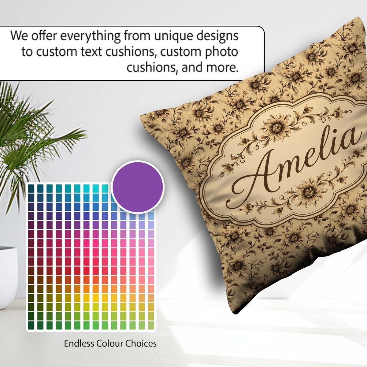 Custom Name Classic Sepia Floral Botanical Seamless Pattern Name Square Filled Cushion Throw Pillow Sofa Bed Home Decor Zip Washable UK Made
