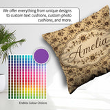Custom Name Classic Sepia Floral Botanical Seamless Pattern Name Square Filled Cushion Throw Pillow Sofa Bed Home Decor Zip Washable UK Made