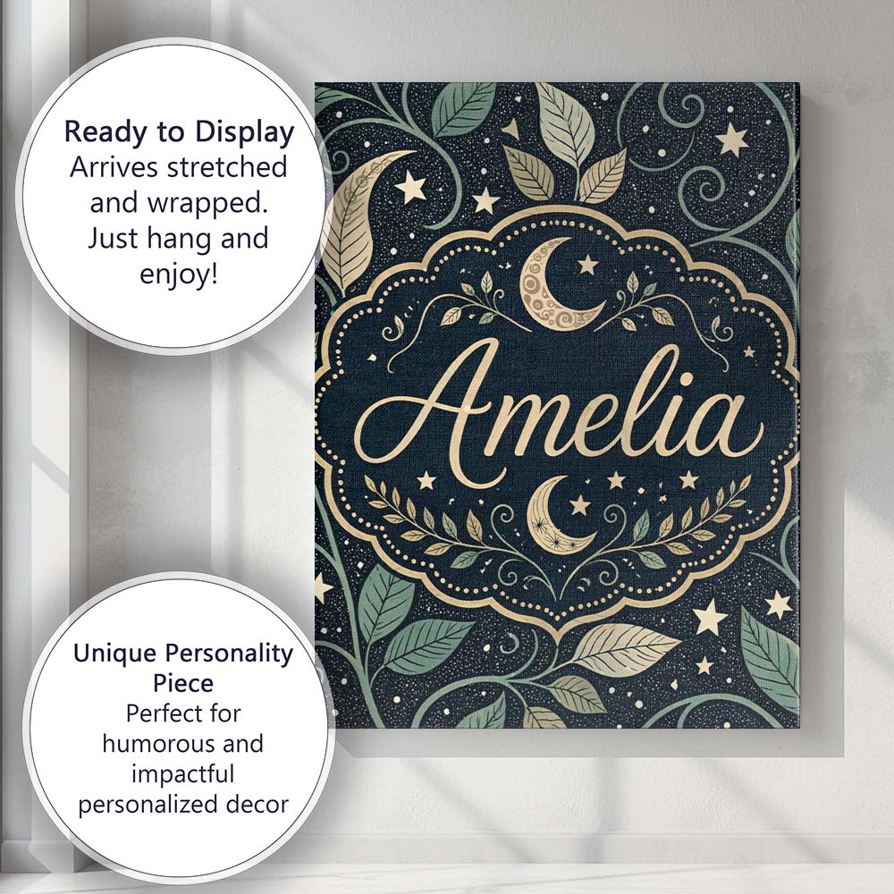 Personalised Name Celestial Moth Moon Stars Botanical Night Seamless Custom  Home Canvas Wall Art Print Decor Picture Ready to Hang