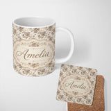 Personalized Custom Name Vintage Neutral Rose Floral Garden Seamless Pattern Name Cute 11oz Ceramic Coffee Tea Mug White Large Handle