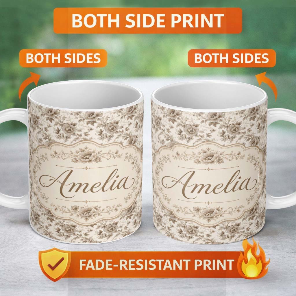 Personalized Custom Name Vintage Neutral Rose Floral Garden Seamless Pattern Name Cute 11oz Ceramic Coffee Tea Mug White Large Handle