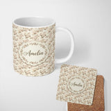 Personalized Custom Name Shabby Chic Beige Rose Floral Seamless Pattern Name Cute Unique Gift 11oz Ceramic Coffee Tea Mug White Large Handle