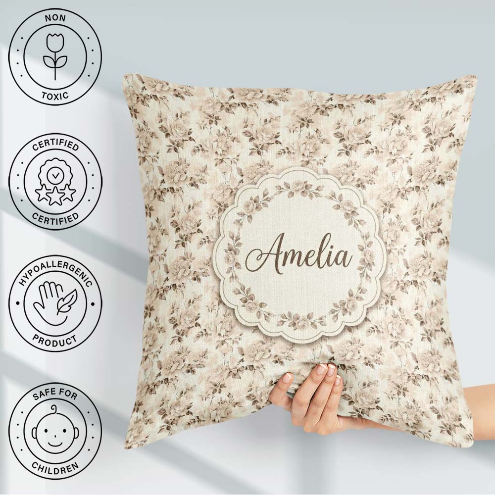 Custom Name Shabby Chic Beige Rose Floral Seamless Pattern Name Square Filled Cushion Throw Pillow Sofa Bed Home Decor Zip Washable UK Made