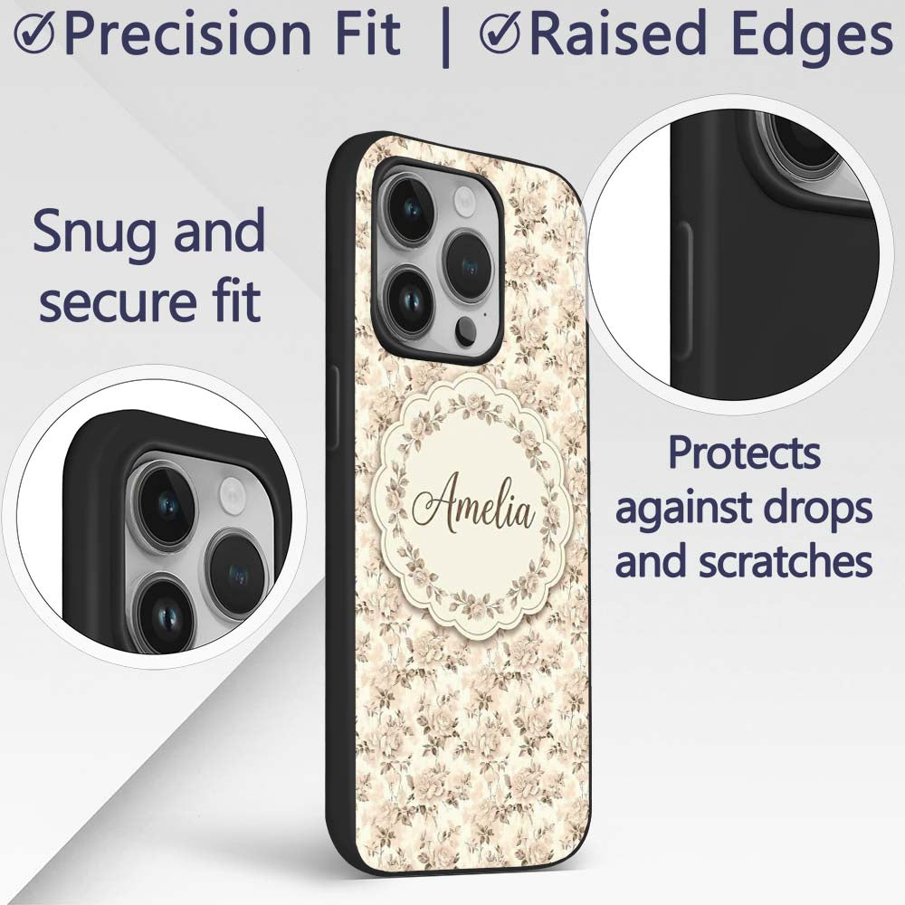 Shabby Chic Beige Rose Floral Seamless Pattern Custom Name Protective Phone Case Mobile Cover Durable Everyday Smartphone Shock Resistant