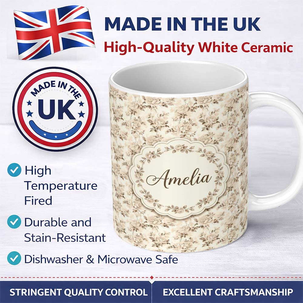 Personalized Custom Name Shabby Chic Beige Rose Floral Seamless Pattern Name Cute Unique Gift 11oz Ceramic Coffee Tea Mug White Large Handle