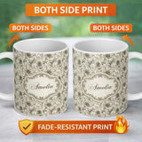 Personalized Custom Name Ornate Taupe Floral Scroll Vintage Seamless Pattern Name Cute 11oz Ceramic Coffee Tea Mug White Large Handle