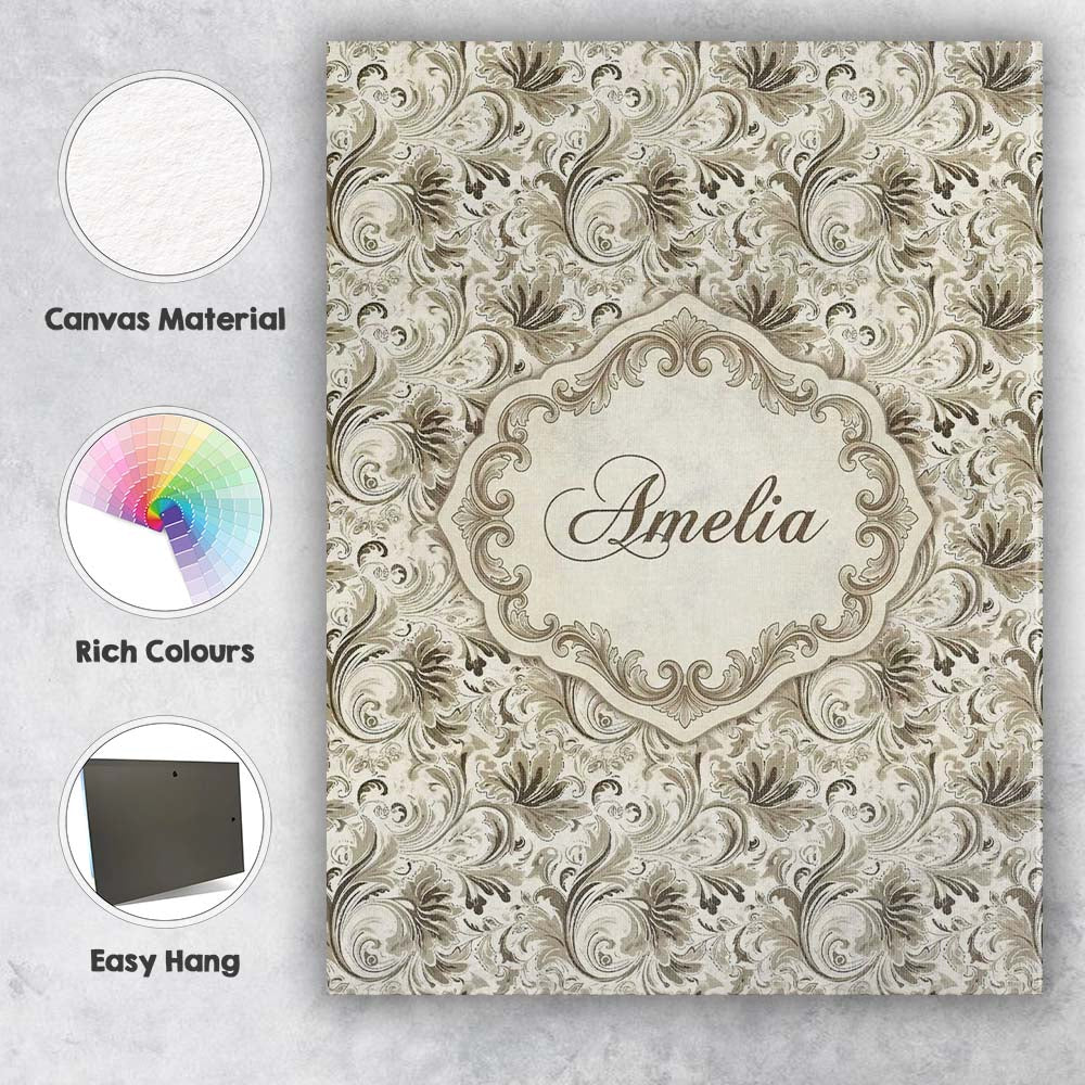 Personalised Name Ornate Taupe Floral Custom Modern Room Accent Creative Decorator Style Canvas Wall Art Print Decor Picture Ready to Hang