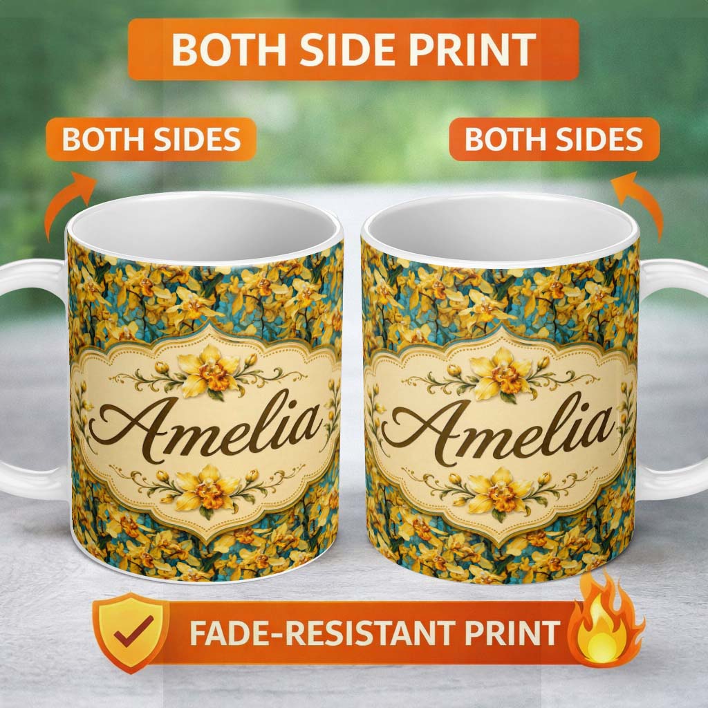 Personalized Custom Name Yellow Orchid Floral with Artistic Painterly Texture on Teal Lovely 11oz Ceramic Coffee Tea Mug White Large Handle