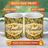 Personalized Custom Name Yellow Orchid Floral with Artistic Painterly Texture on Teal Lovely 11oz Ceramic Coffee Tea Mug White Large Handle
