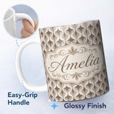 Personalized Custom Name Geometric Wave Abstract Neutral Seamless Pattern Name Cute Unique 11oz Ceramic Coffee Tea Mug White Large Handle