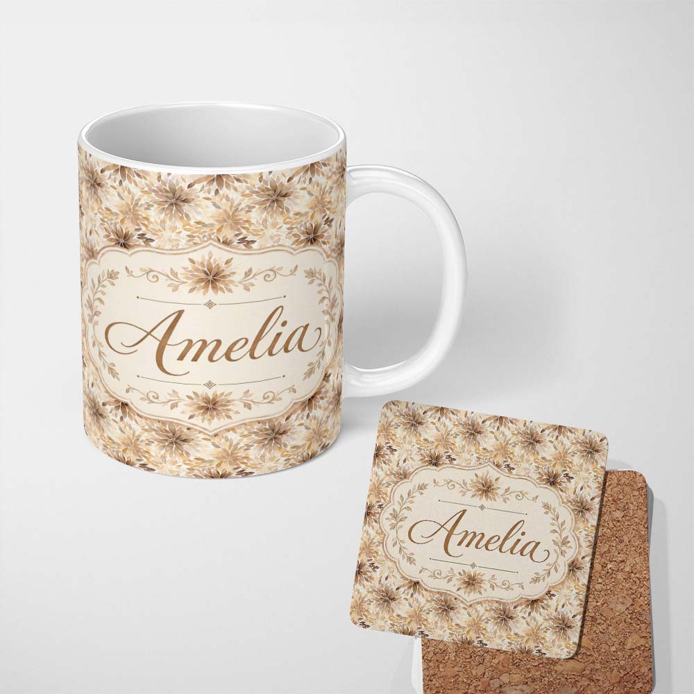 Personalized Custom Name Elegant Beige Floral Watercolor Petal Burst Seamless Pattern Name 11oz Ceramic Coffee Tea Mug White Large Handle