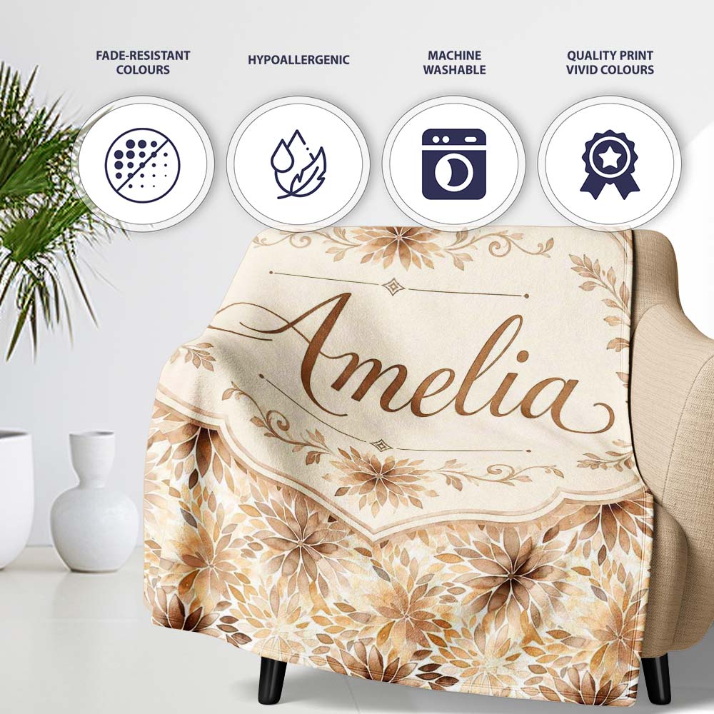 Elegant Beige Floral Watercolor Petal Burst Seamless Pattern Name  Personalised Custom Name Super Soft Fleece Blanket Bed Sofa Throw