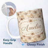 Personalized Custom Name Elegant Beige Floral Watercolor Petal Burst Seamless Pattern Name 11oz Ceramic Coffee Tea Mug White Large Handle