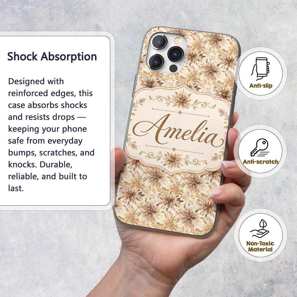 Elegant Beige Floral Watercolor Printed Design Custom Name Protective Phone Case Mobile Cover Durable Everyday Smartphone Shock Resistant