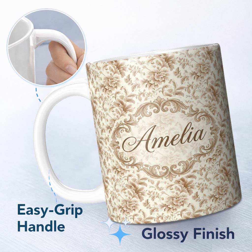 Personalized Custom Name Vintage Cream Floral Damask Scroll Seamless Pattern Name Cute 11oz Ceramic Coffee Tea Mug White Large Handle