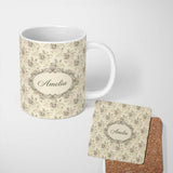 Personalized Custom Name Soft Neutral Floral Bouquet Classic Seamless Pattern Name Cute 11oz Ceramic Coffee Tea Mug White Large Handle