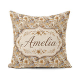 Custom Name Warm Beige Botanical Flower Garden Pattern Name Cute Square Filled Cushion Throw Pillow Sofa Bed Home Decor Zip Washable UK Made