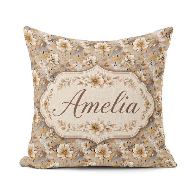 Custom Name Warm Beige Botanical Flower Garden Pattern Name Cute Square Filled Cushion Throw Pillow Sofa Bed Home Decor Zip Washable UK Made