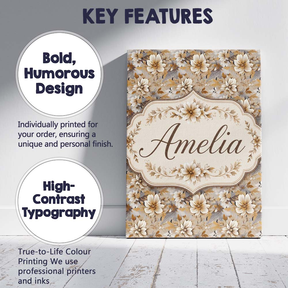 Personalised Name Warm Beige Botanical Custom  Modern Room Accent Elegant Feature Canvas Wall Art Print Decor Picture Ready to Hang