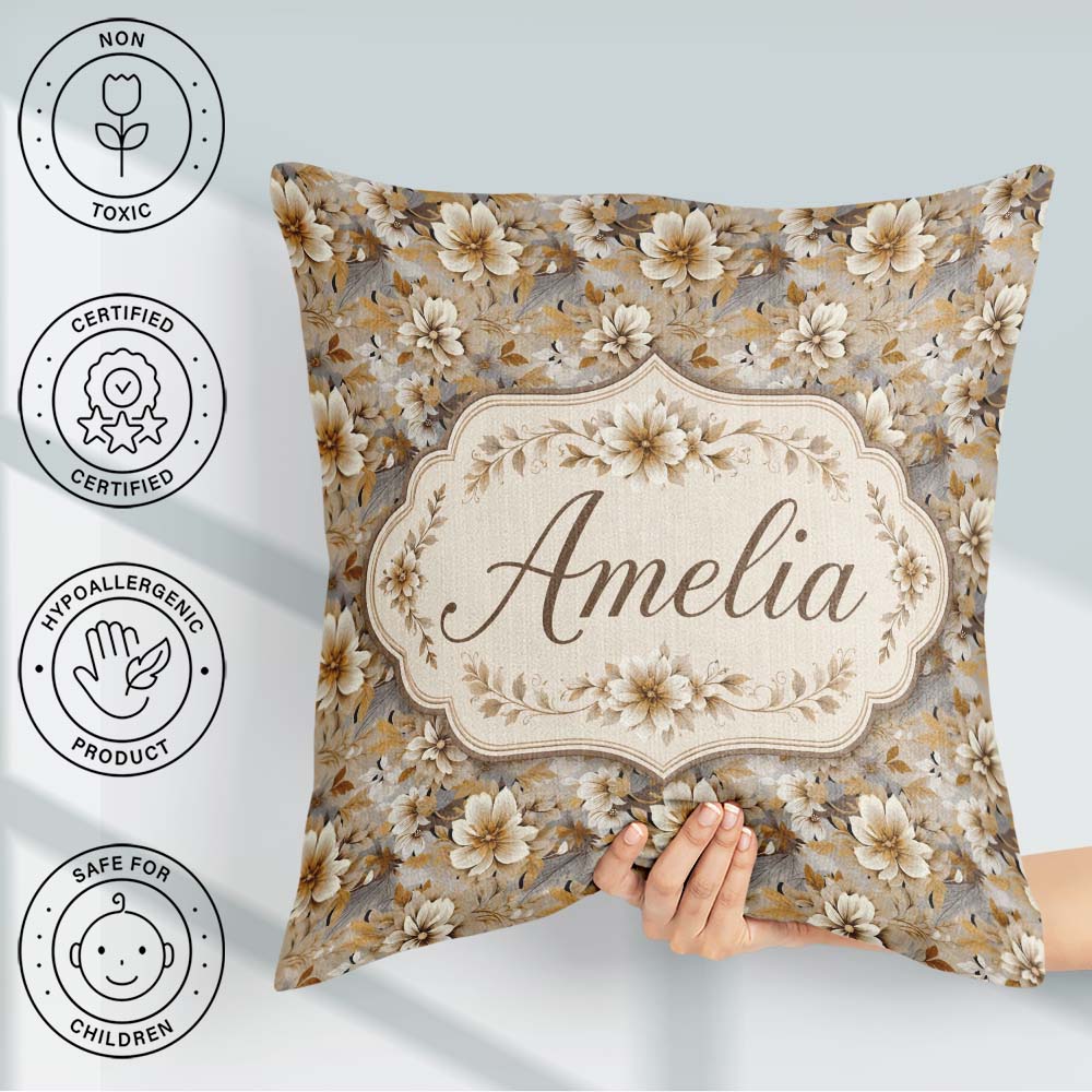 Custom Name Warm Beige Botanical Flower Garden Pattern Name Cute Square Filled Cushion Throw Pillow Sofa Bed Home Decor Zip Washable UK Made