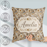 Custom Name Warm Beige Botanical Flower Garden Pattern Name Cute Square Filled Cushion Throw Pillow Sofa Bed Home Decor Zip Washable UK Made