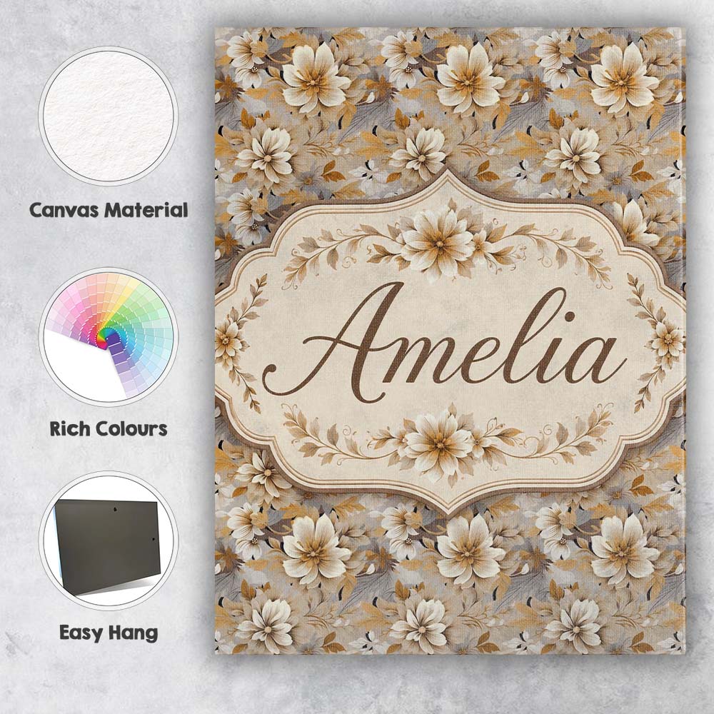 Personalised Name Warm Beige Botanical Custom  Modern Room Accent Elegant Feature Canvas Wall Art Print Decor Picture Ready to Hang
