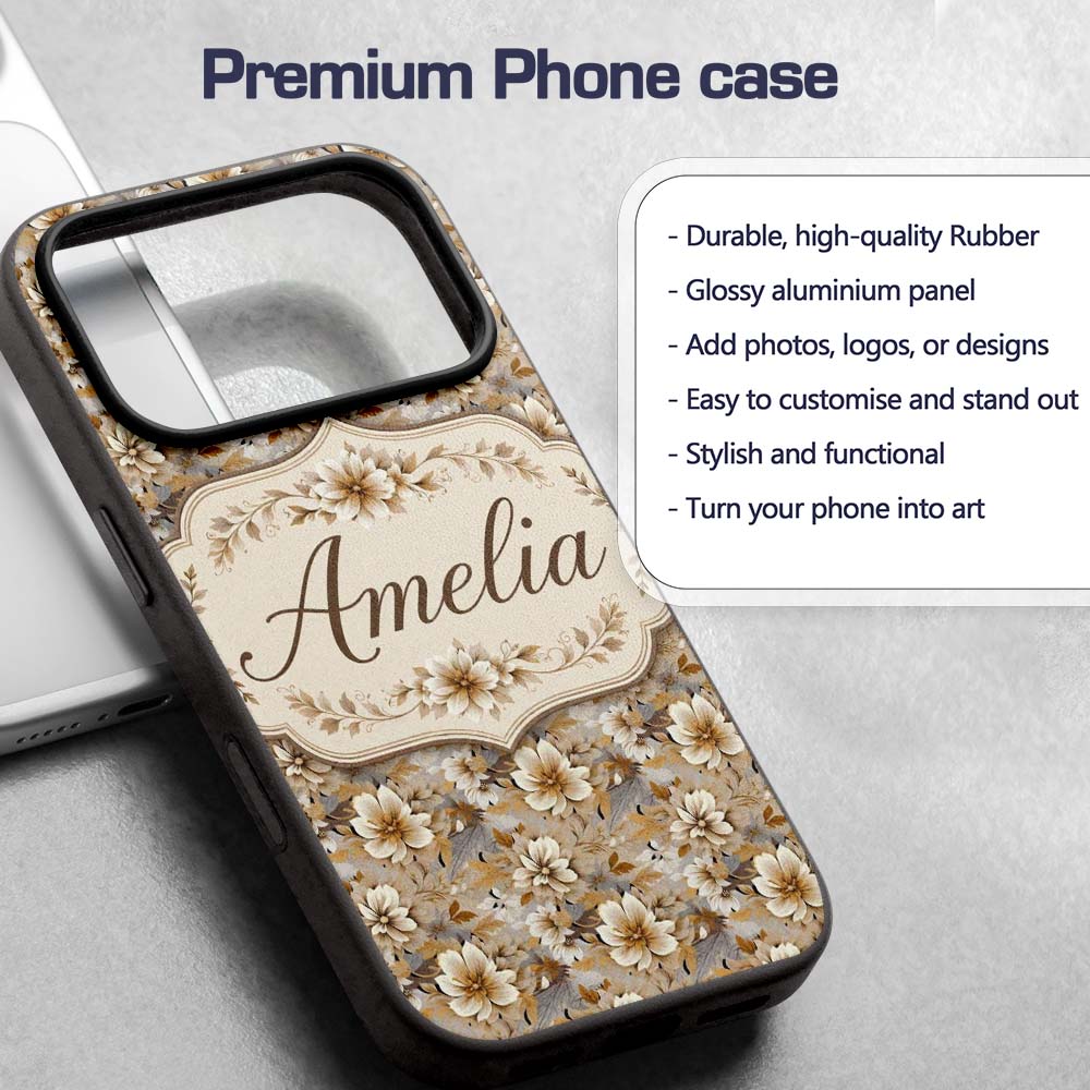 Warm Beige Botanical Flower Garden Printed Design Custom Name Protective Phone Case Mobile Cover Durable Everyday Smartphone Shock Resistant