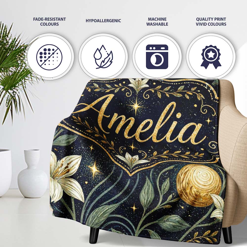 Glowing Red Poppy Flowers Stars Night Sky Seamless Pattern Lovely  Personalised Custom Name Super Soft Fleece Blanket Bed Sofa Throw