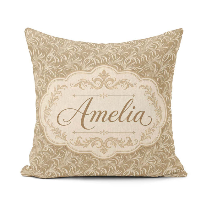 Custom Name Abstract Taupe Leaf Swirl Artistic Pattern Name Cute Square Filled Cushion Throw Pillow Sofa Bed Home Decor Zip Washable UK Made