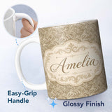 Personalized Custom Name Abstract Taupe Leaf Swirl Artistic Seamless Pattern Name Cute 11oz Ceramic Coffee Tea Mug White Large Handle