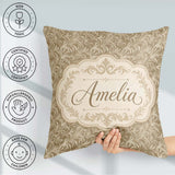 Custom Name Abstract Taupe Leaf Swirl Artistic Pattern Name Cute Square Filled Cushion Throw Pillow Sofa Bed Home Decor Zip Washable UK Made