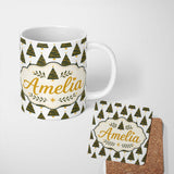 Personalized Custom Name Minimal Christmas Tree with Golden Garland Seamless Pattern Modern 11oz Ceramic Coffee Tea Mug White Large Handle