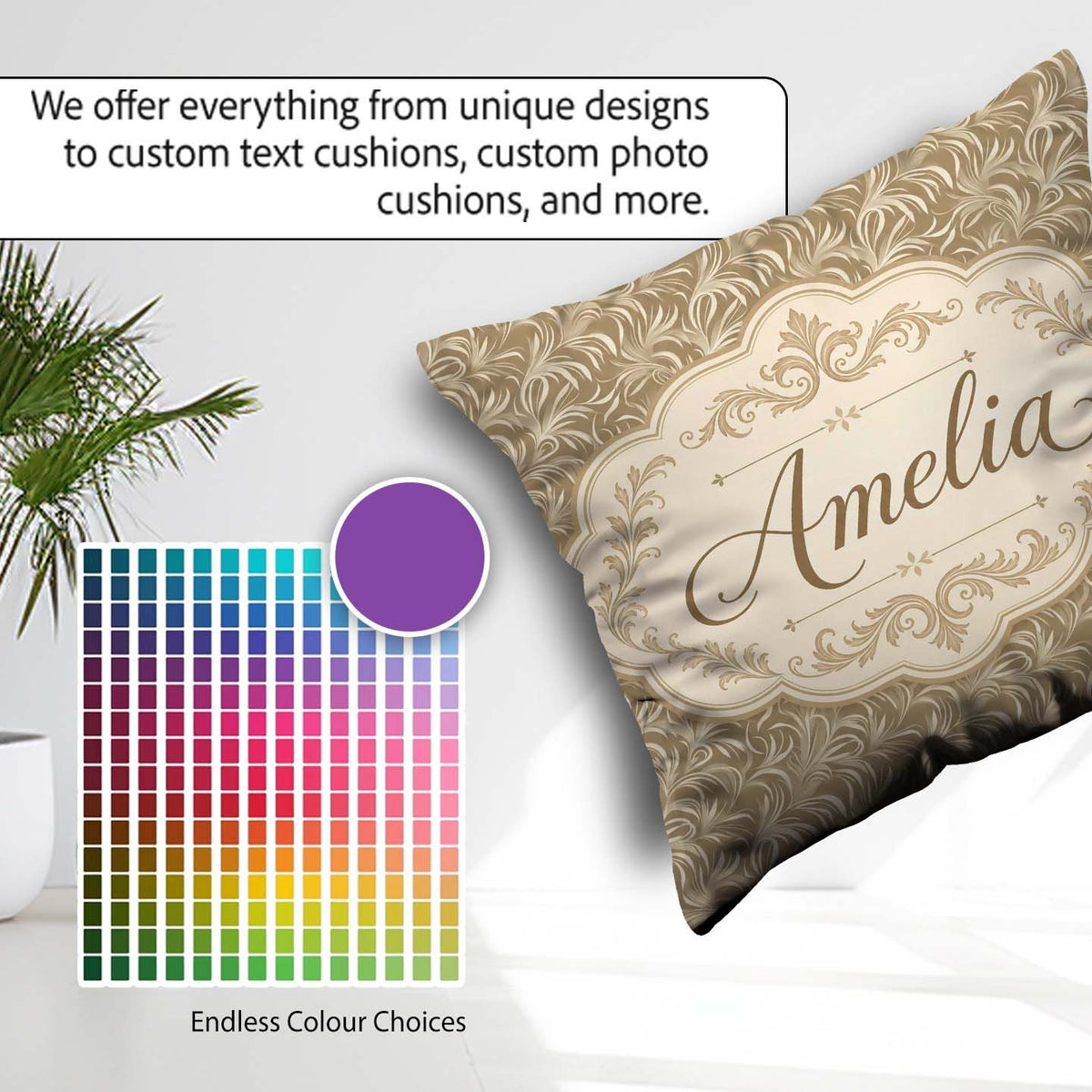 Custom Name Abstract Taupe Leaf Swirl Artistic Pattern Name Cute Square Filled Cushion Throw Pillow Sofa Bed Home Decor Zip Washable UK Made