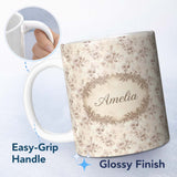Personalized Custom Name Muted Blush Floral Vintage Garden Seamless Pattern Name Cute Unique 11oz Ceramic Coffee Tea Mug White Large Handle