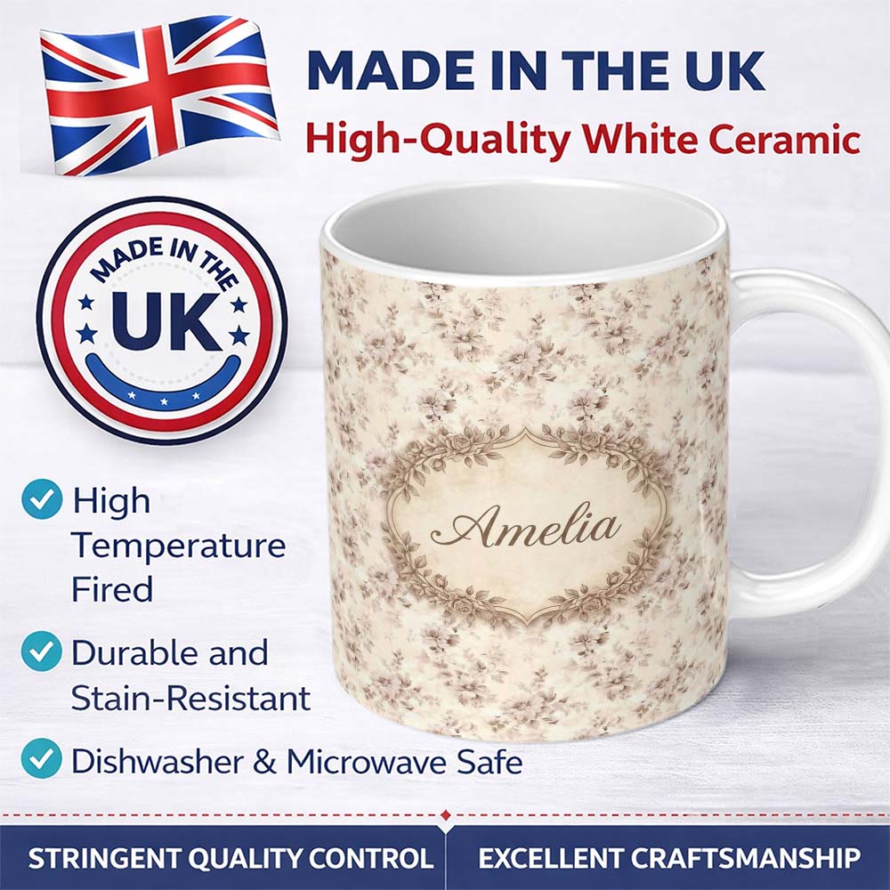 Personalized Custom Name Muted Blush Floral Vintage Garden Seamless Pattern Name Cute Unique 11oz Ceramic Coffee Tea Mug White Large Handle