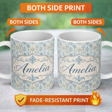 Personalized Custom Name Soft Blue Classic Damask Elegant Seamless Pattern Name Cute Unique 11oz Ceramic Coffee Tea Mug White Large Handle