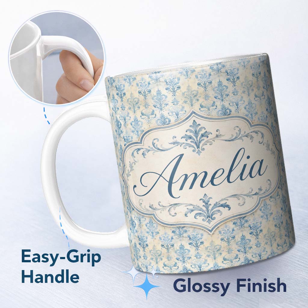 Personalized Custom Name Soft Blue Classic Damask Elegant Seamless Pattern Name Cute Unique 11oz Ceramic Coffee Tea Mug White Large Handle