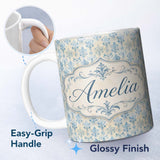 Personalized Custom Name Soft Blue Classic Damask Elegant Seamless Pattern Name Cute Unique 11oz Ceramic Coffee Tea Mug White Large Handle