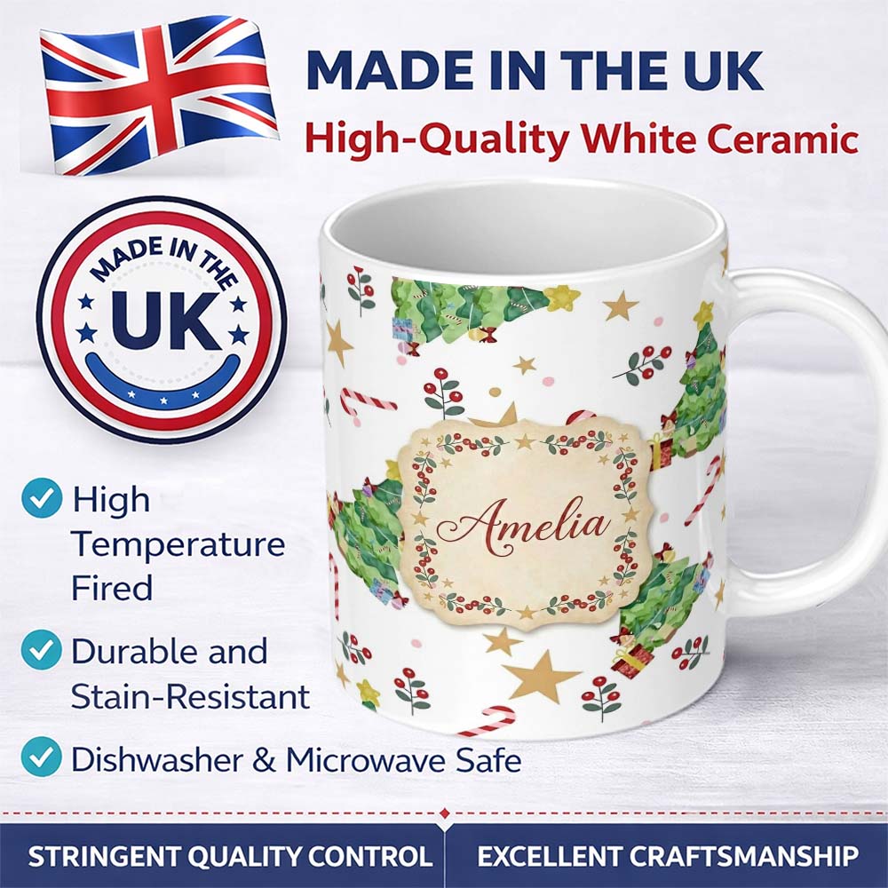 Personalized Custom Name Watercolor Christmas Tree Candy Cane Stars Cute Seamless Pattern 11oz Ceramic Coffee Tea Mug White Large Handle