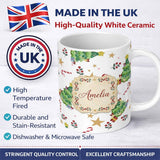 Personalized Custom Name Watercolor Christmas Tree Candy Cane Stars Cute Seamless Pattern 11oz Ceramic Coffee Tea Mug White Large Handle