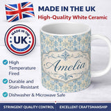 Personalized Custom Name Soft Blue Classic Damask Elegant Seamless Pattern Name Cute Unique 11oz Ceramic Coffee Tea Mug White Large Handle