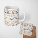 Personalized Custom Name Classic Blue Red Damask Vintage Floral Seamless Pattern Name Cute 11oz Ceramic Coffee Tea Mug White Large Handle